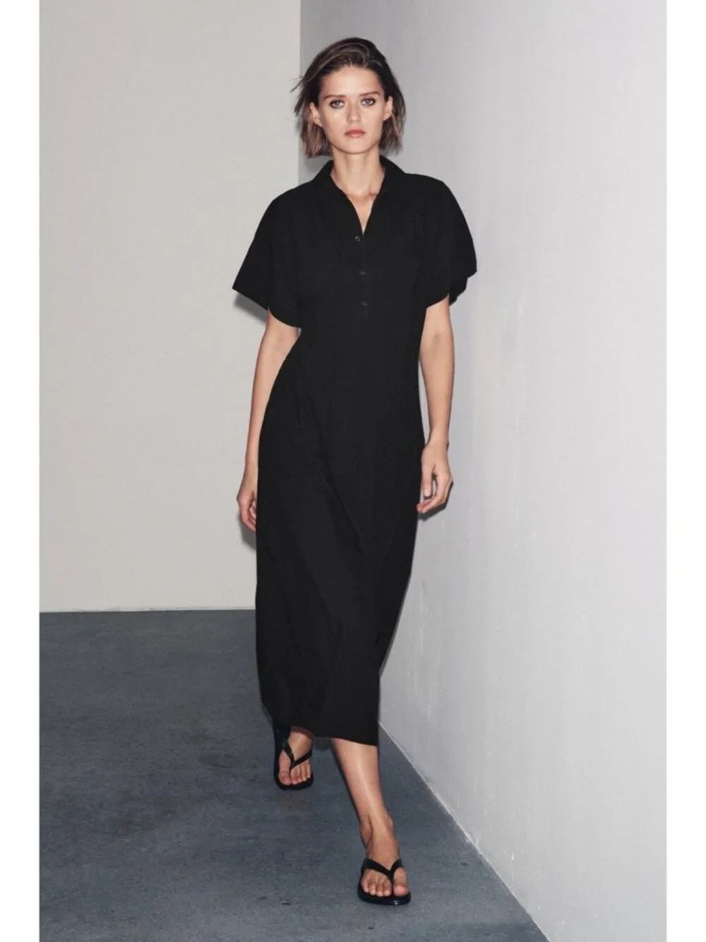 Zara ZW Womens Poplin Midi Shirt Dress Large Black Collared 2183/248 NWT